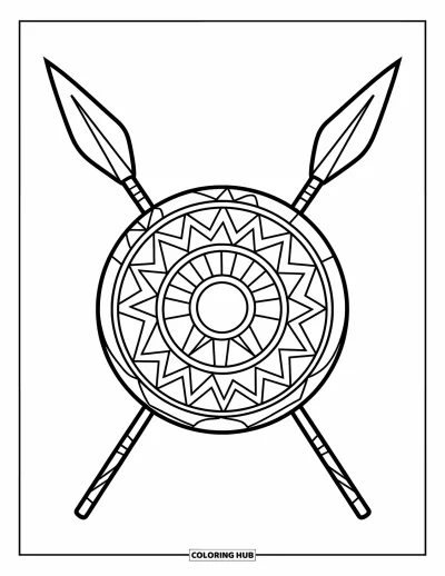 Coloriage d'Afrique pour enfants : Un bouclier tribal avec deux lances croisées sur fond blanc