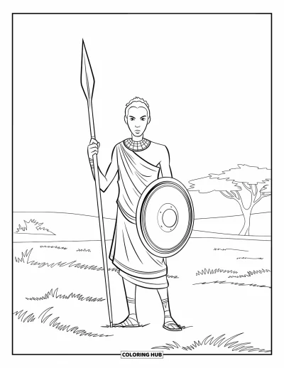 Coloriage d'Afrique pour enfants : Un guerrier se dresse fièrement avec sa lance et son bouclier dans la plaine