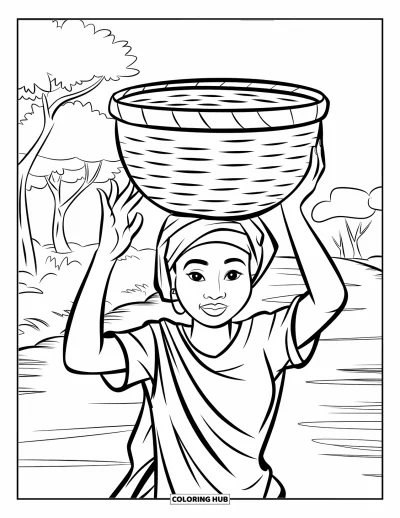 Coloriage d'Afrique pour enfants : Une femme marche avec un panier en équilibre sur la tête sur un chemin poussiéreux