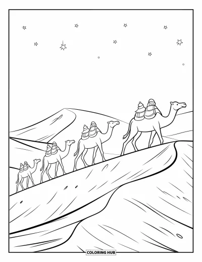 Coloriage d'Afrique pour enfants : Des chameaux traversent des dunes de sable sous un ciel désertique étoilé