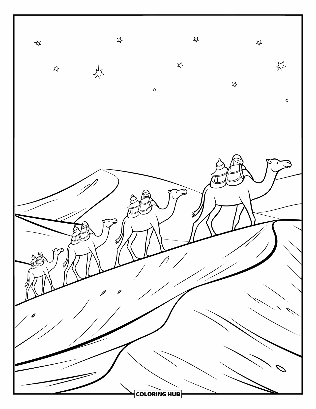 Africa Coloring Page for Kids: Camels march across sand dunes under a starry desert sky