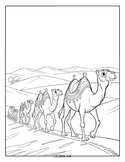 Coloriage d'Afrique pour enfants : Des chameaux progressent à travers des dunes ensoleillées dans le vaste désert