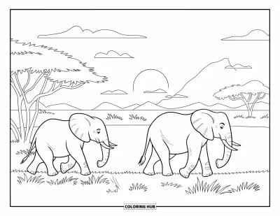 Coloriage d'Afrique pour enfants : Des éléphants traversent des plaines herbeuses sous un coucher de soleil rougeoyant