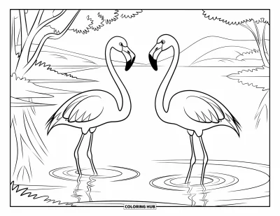 Coloriage d'Afrique pour enfants : Des flamants roses se tiennent dans l'eau peu profonde sous un ciel serein