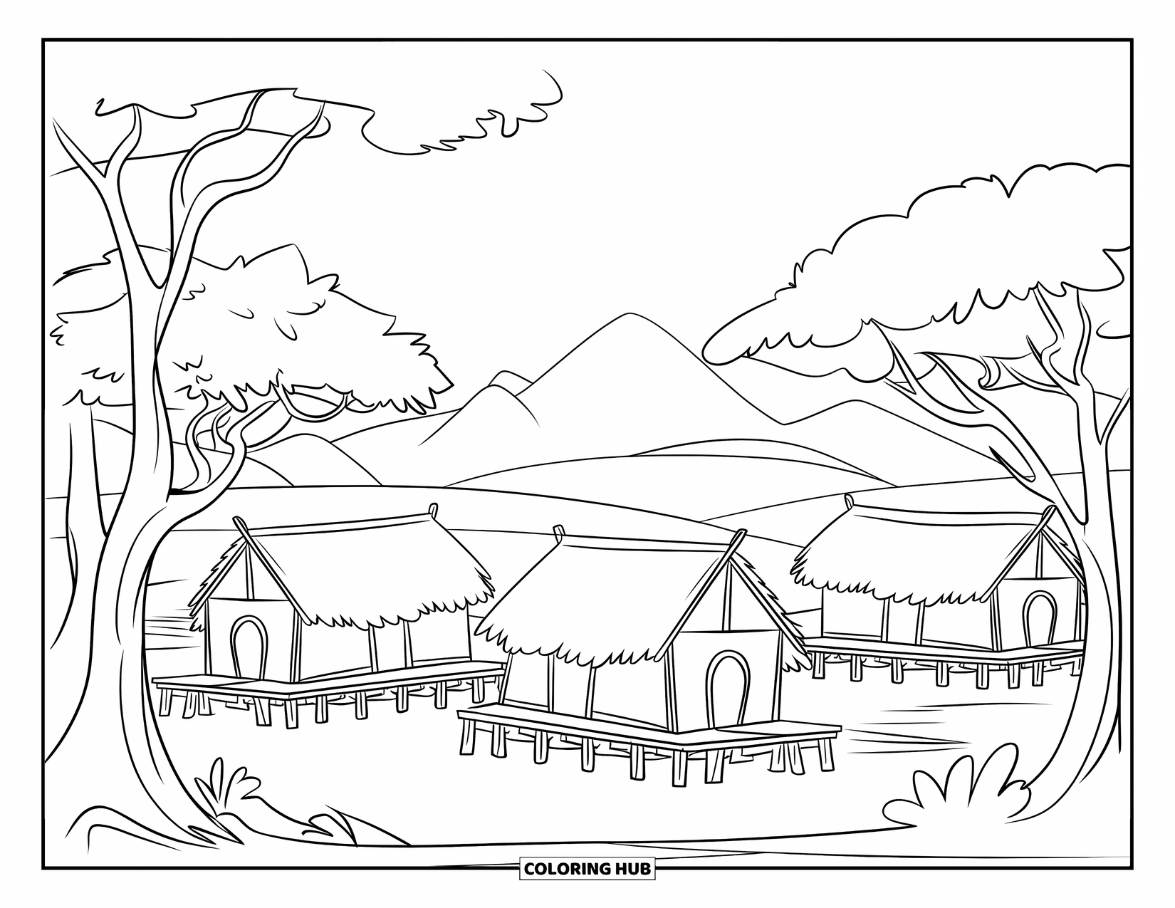 Africa Coloring Page for Kids: Three huts sit peacefully at the foot of tree-covered hills