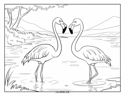 Coloriage d'Afrique pour enfants : Deux flamants roses pataugent gracieusement dans un lac calme entouré de verdure