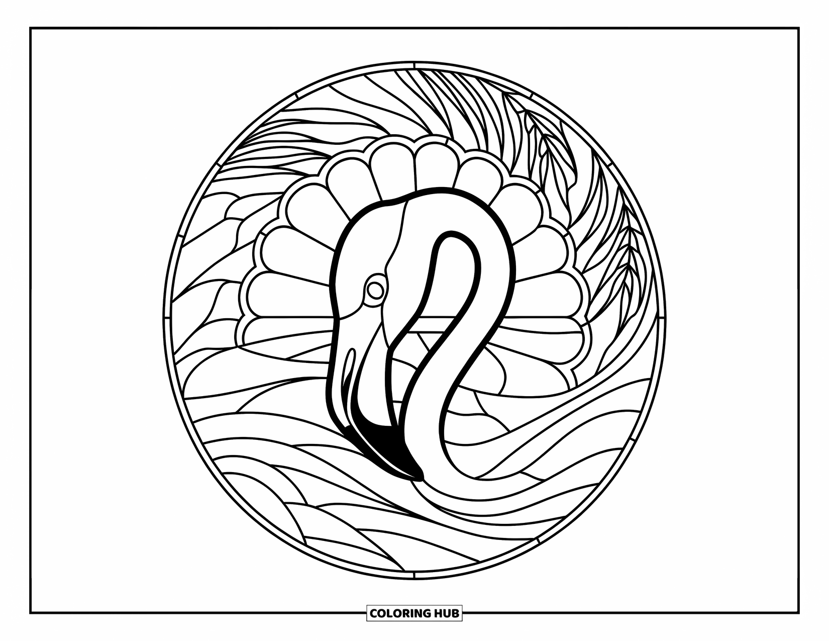 African Animals Coloring Page for Adults: A curved flamingo beak sits at the heart of a petal-framed stained-glass pattern
