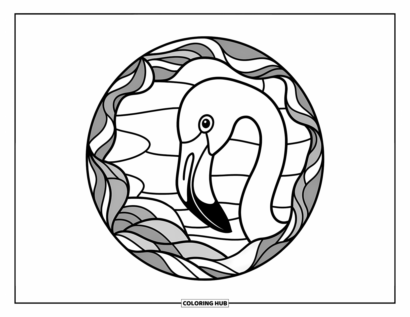 African Animals Coloring Page for Adults: A flamingo face curves downward in a round design of tropical petals and flowing lines