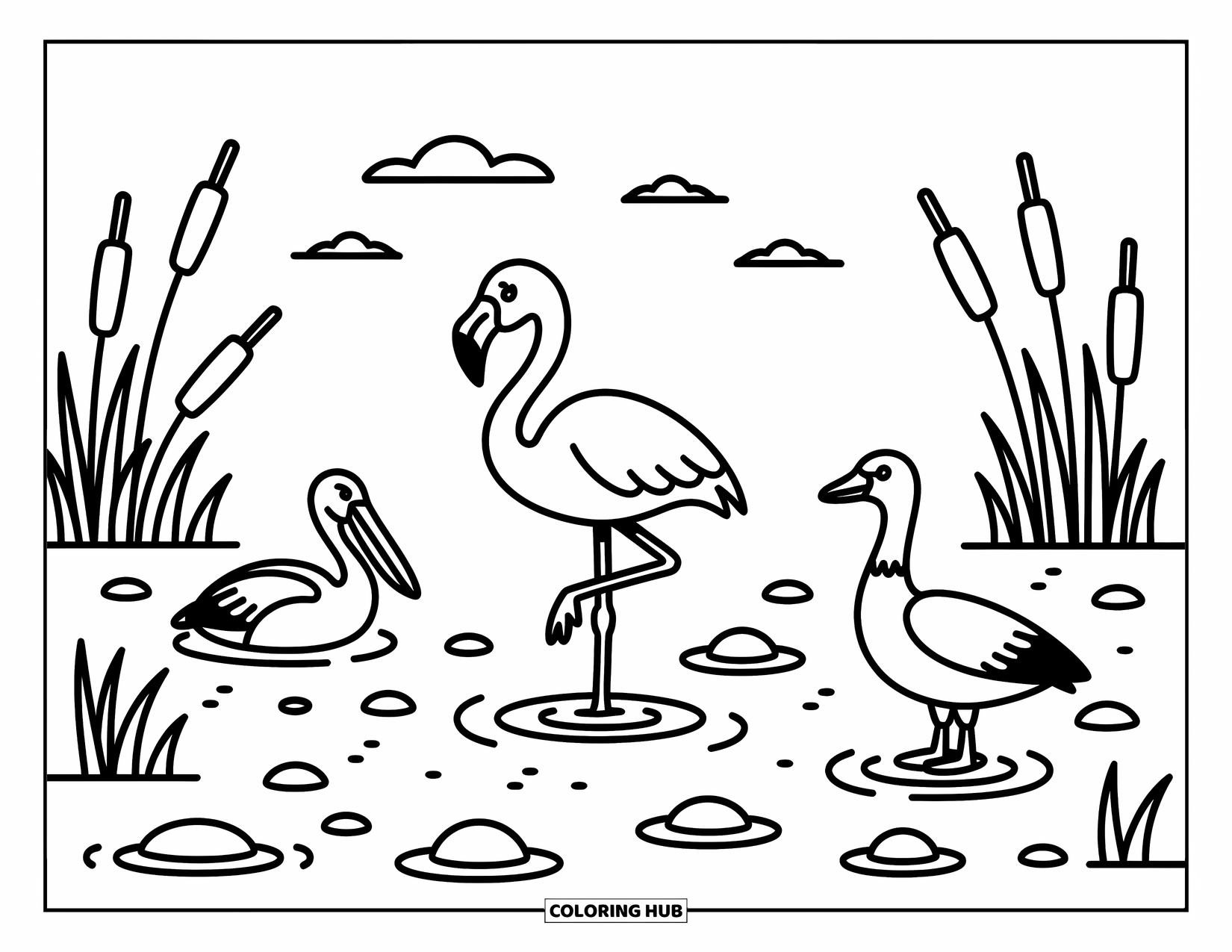 African Animals Coloring Page for Adults: A flamingo, goose, and pelican relax in a cozy wetland with cattails and ripples