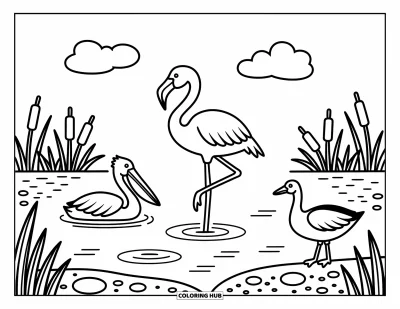 Kleurplaat van afrikaanse dieren voor volwassenen: Een flamingo, pelikaan en gans genieten van de vredige wetlands onder een zachte bewolkte hemel