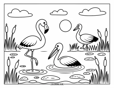 Kleurplaat van afrikaanse dieren voor volwassenen: Een flamingo, pelikaan en gans delen een rustig moment bij lisdodden en rimpelend water