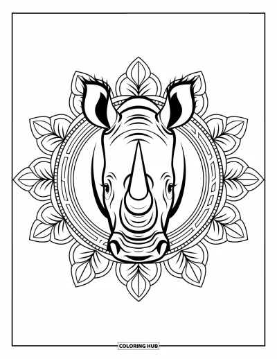 Kleurplaat van afrikaanse dieren voor volwassenen: Een krachtige neushoorn staat sterk in een ronde mandala van blad- en tribale motieven