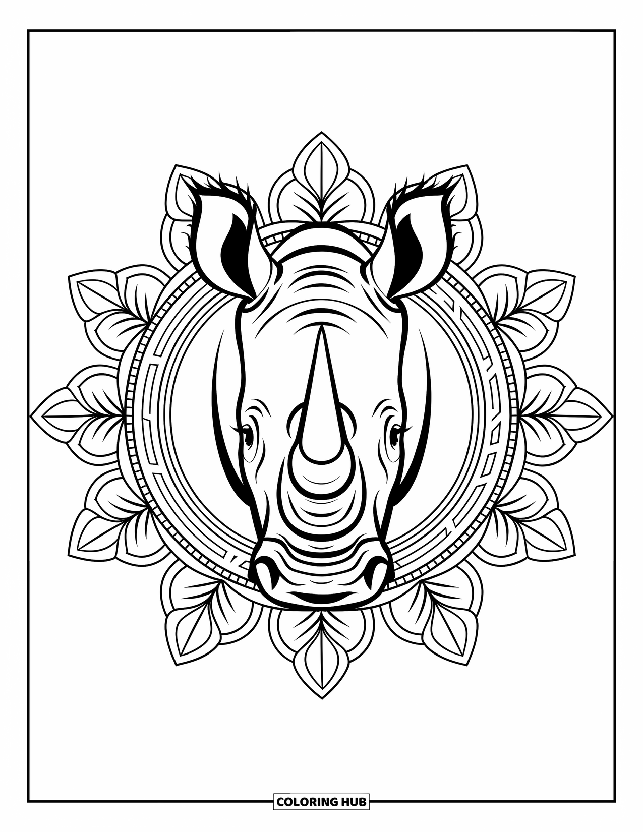 African Animals Coloring Page for Adults: A forward-facing rhino stands strong in a circular mandala of leaf and tribal motifs