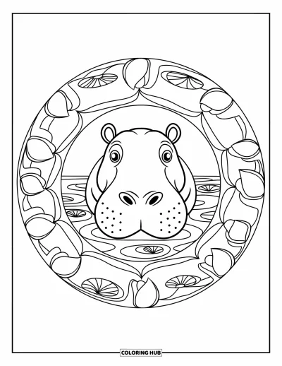 Kleurplaat van afrikaanse dieren voor volwassenen: Een recht vooruit kijkend nijlpaard zit in een mandala vol rimpelingen en bloemige watermotieven