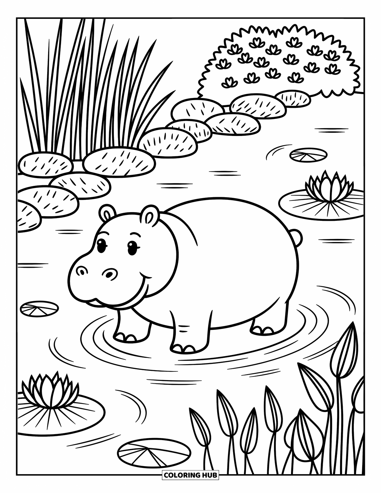 African Animals Coloring Page for Adults: A gentle hippo stands in the water among lily pads and swaying river plants