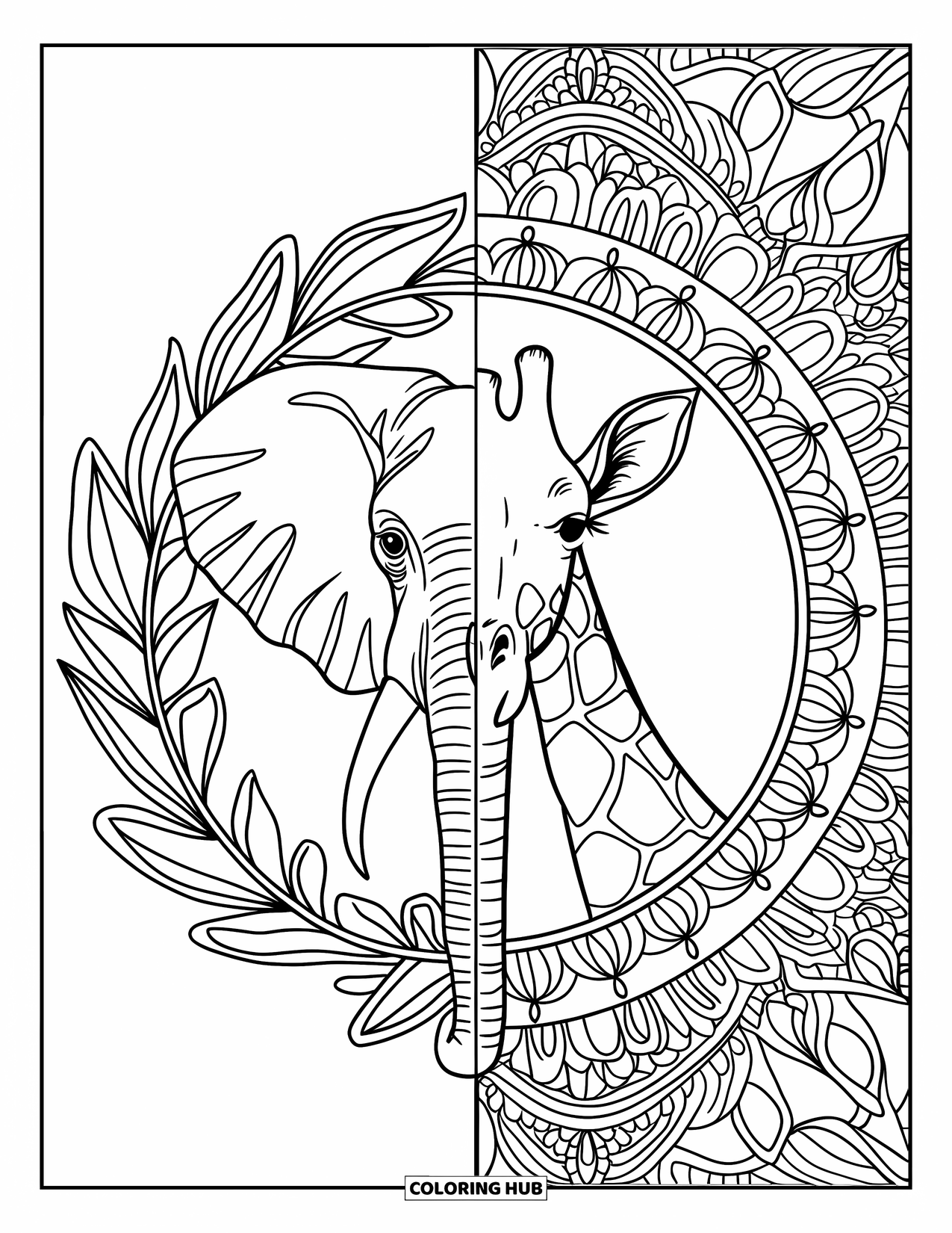 African Animals Coloring Page for Adults: A giraffe and elephant pair are enclosed in mandalas filled with swirls and floral shapes