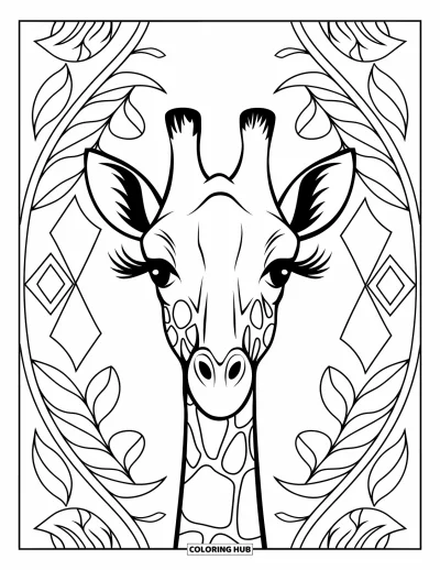 Kleurplaat van afrikaanse dieren voor volwassenen: Een giraffengezicht is omlijst in een verticale mandala met bladeren en girafvlekvormen