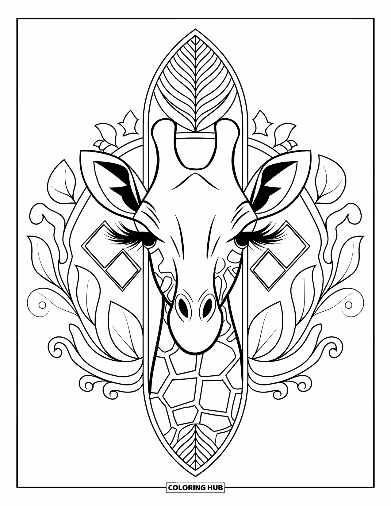 African Animals Coloring Page for Adults: A giraffe's sweet face rests inside a tall mandala of leaves and gentle patterns