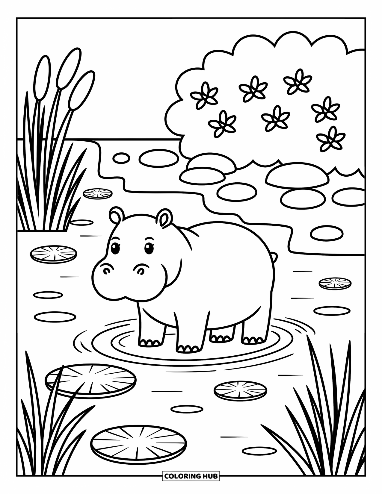 African Animals Coloring Page for Adults: A happy hippo stands in a calm river with lily pads and tall papyrus nearby