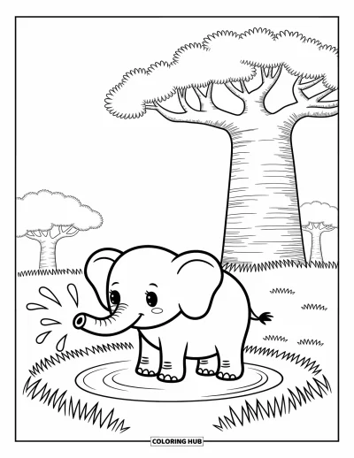Kleurplaat van afrikaanse dieren voor volwassenen: Een kleine olifant krult zijn slurf bij een plas onder een reusachtige baobabboom