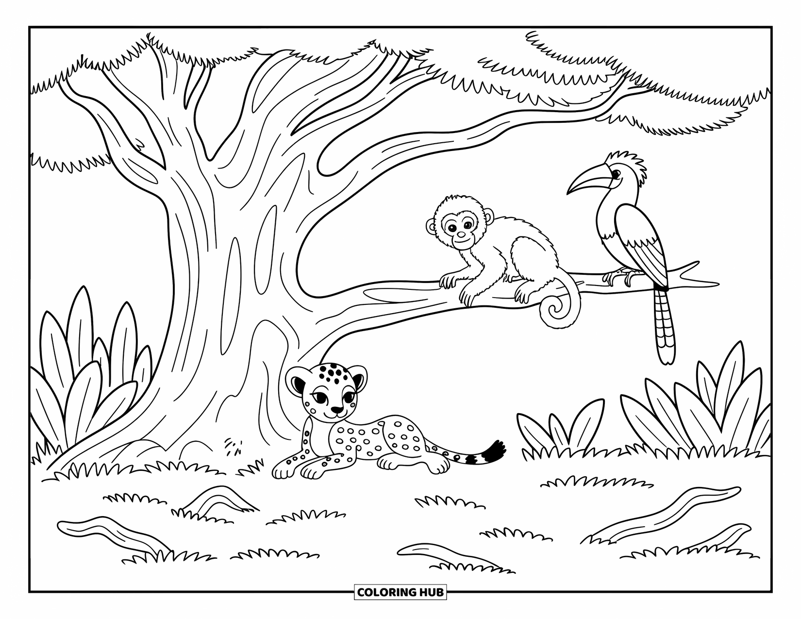 African Animals Coloring Page for Adults: A relaxed cheetah, curious monkey, and calm hornbill enjoy a sunlit forest clearing