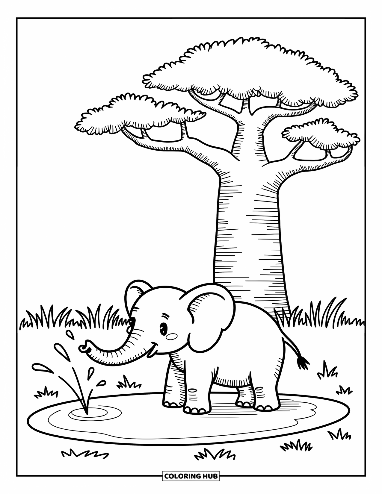 African Animals Coloring Page for Adults: A round elephant sprays water near a baobab as savannah grass rustles nearby