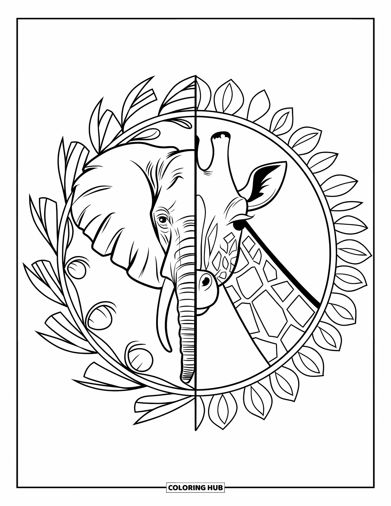 African Animals Coloring Page for Adults: A side-by-side of elephant and giraffe faces appears inside twin patterned mandala frames