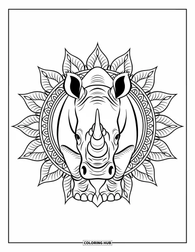 Kleurplaat van afrikaanse dieren voor volwassenen: Een krachtig neushoornsgezicht rust in een symmetrische mandala van tribale lijnen en bladranden