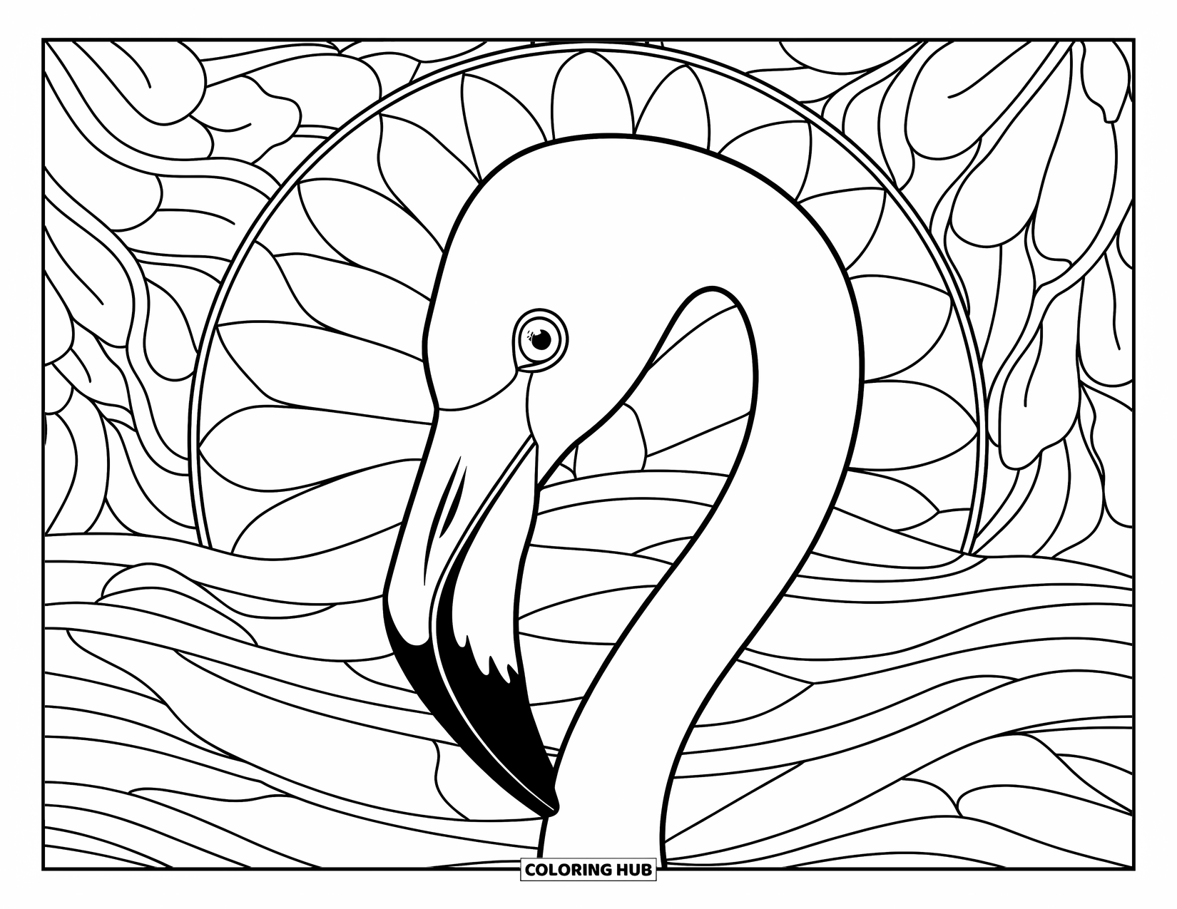 African Animals Coloring Page for Adults: A stylized flamingo face rests inside a round pattern of petals and gentle waves