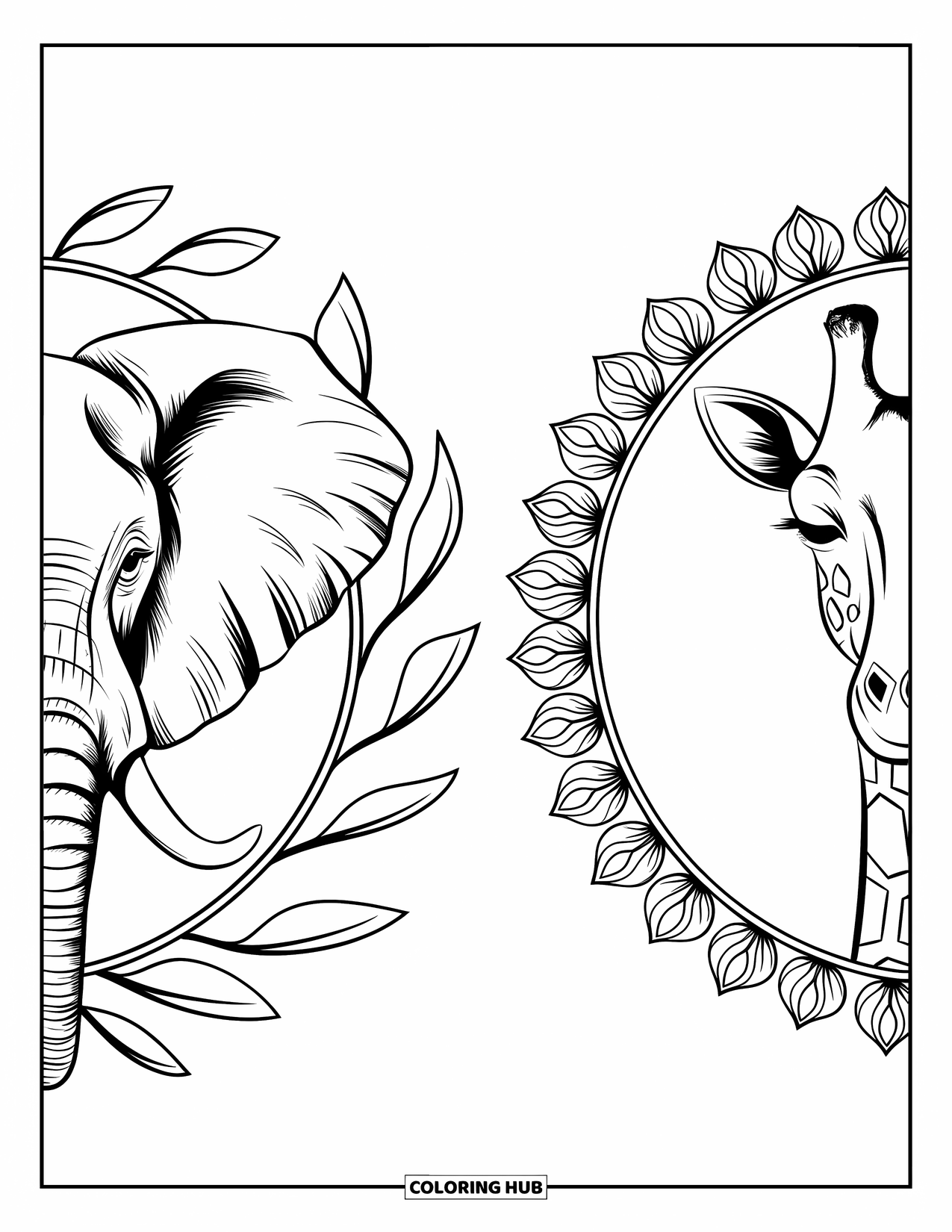 African Animals Coloring Page for Adults: An elephant and giraffe share the spotlight in matching circular mandala frames