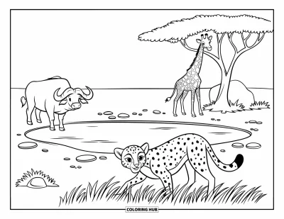 Kleurplaat van afrikaanse dieren voor kinderen: Een rustig savannetafereel met een hurkende cheetah, grazende giraf en ontspannen buffel