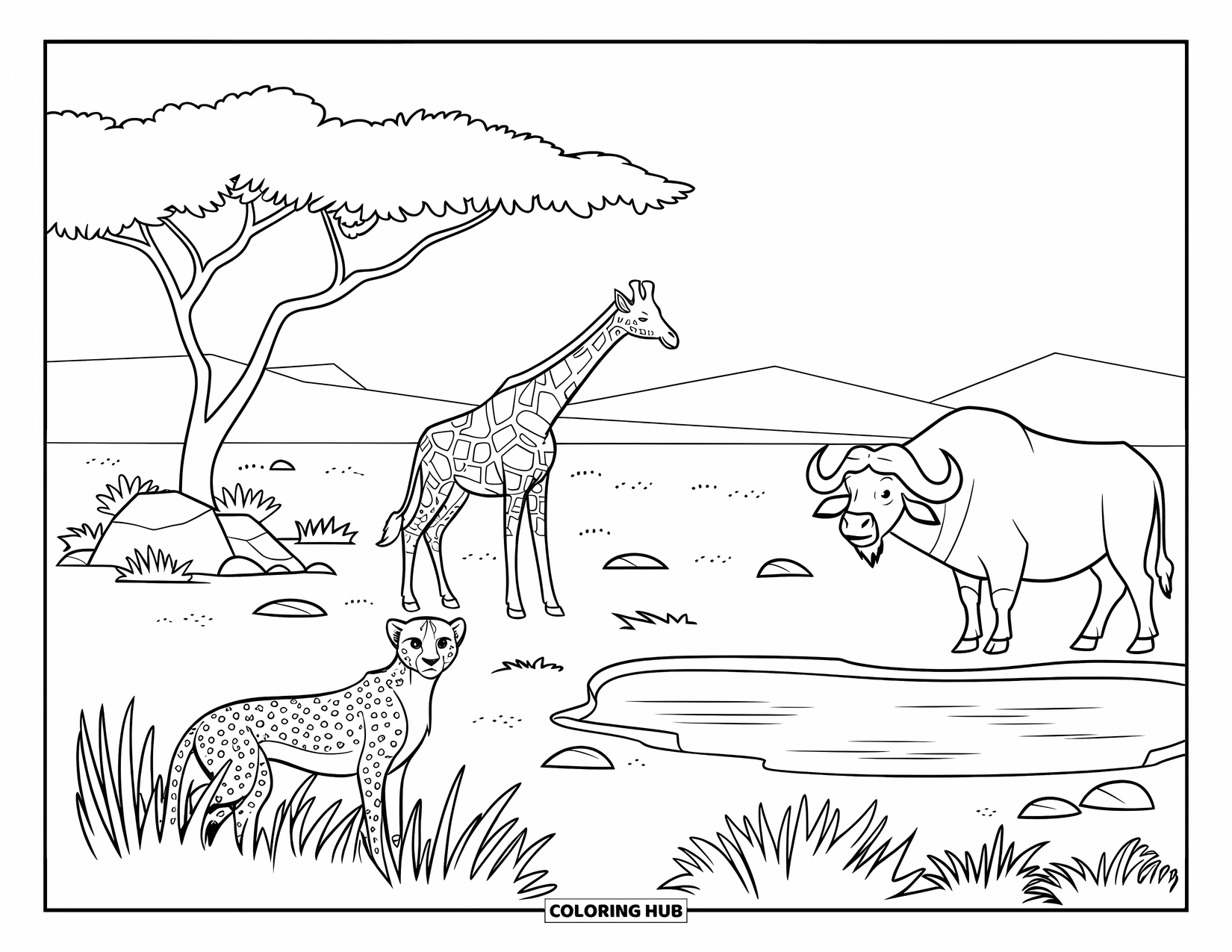 African Animals Coloring Page for Kids: A cheetah, giraffe, and buffalo share space in a sunny, wide savannah