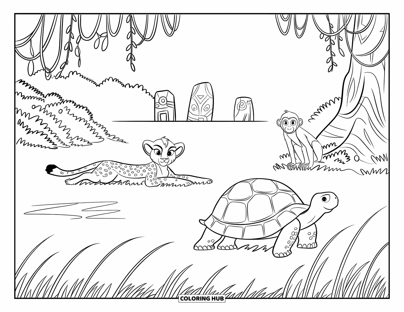 African Animals Coloring Page for Kids: A cheetah, monkey, and tortoise share a breezy moment in a wild, grassy clearing