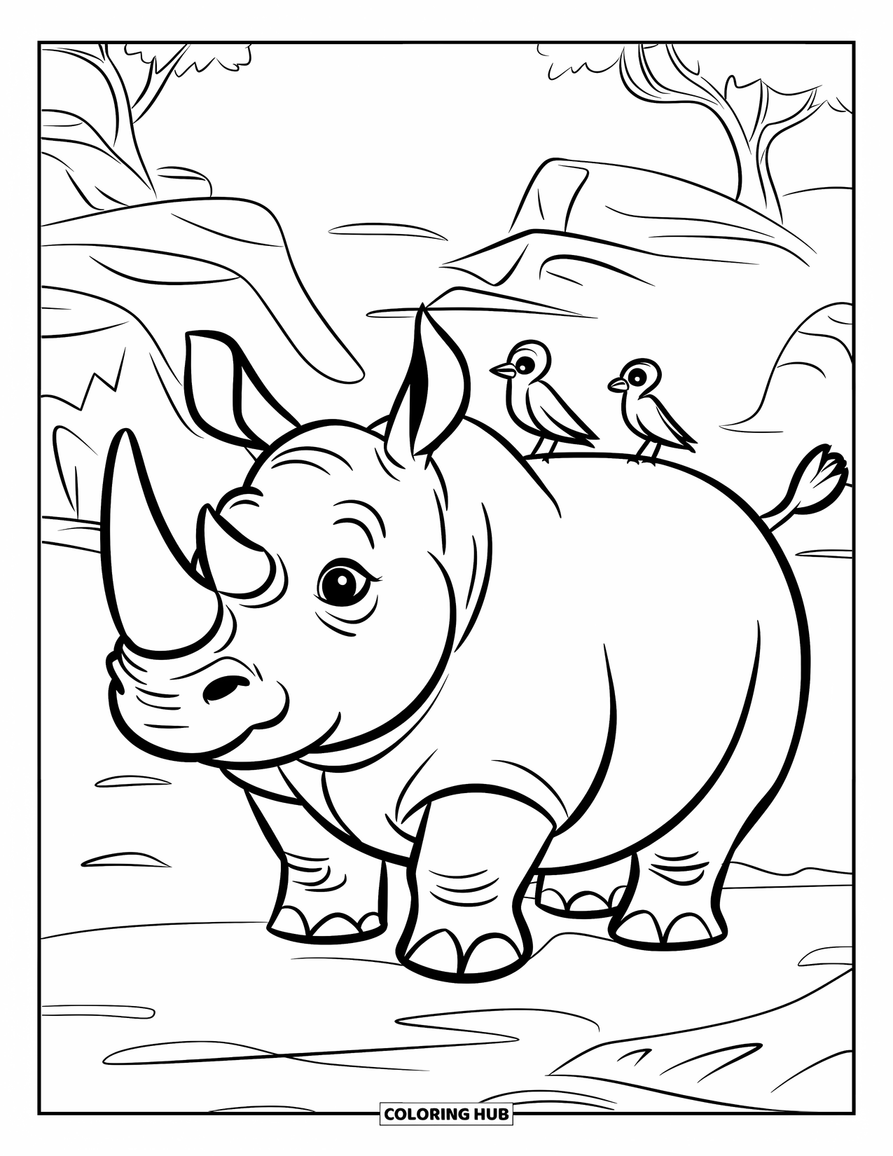 African Animals Coloring Page for Kids: A chill rhino holds still as tiny birds perch peacefully on its back