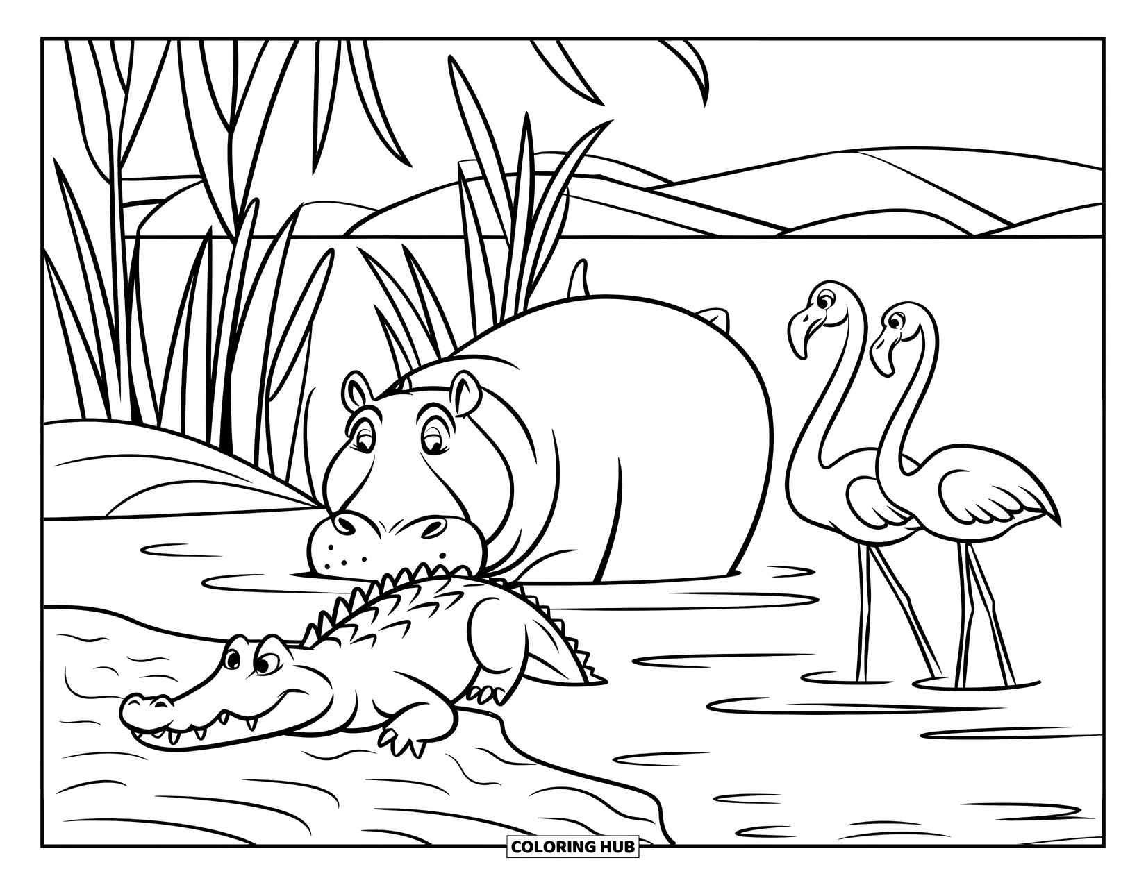 African Animals Coloring Page for Kids: A crocodile, hippo, and two flamingos gather near a quiet, muddy riverbank