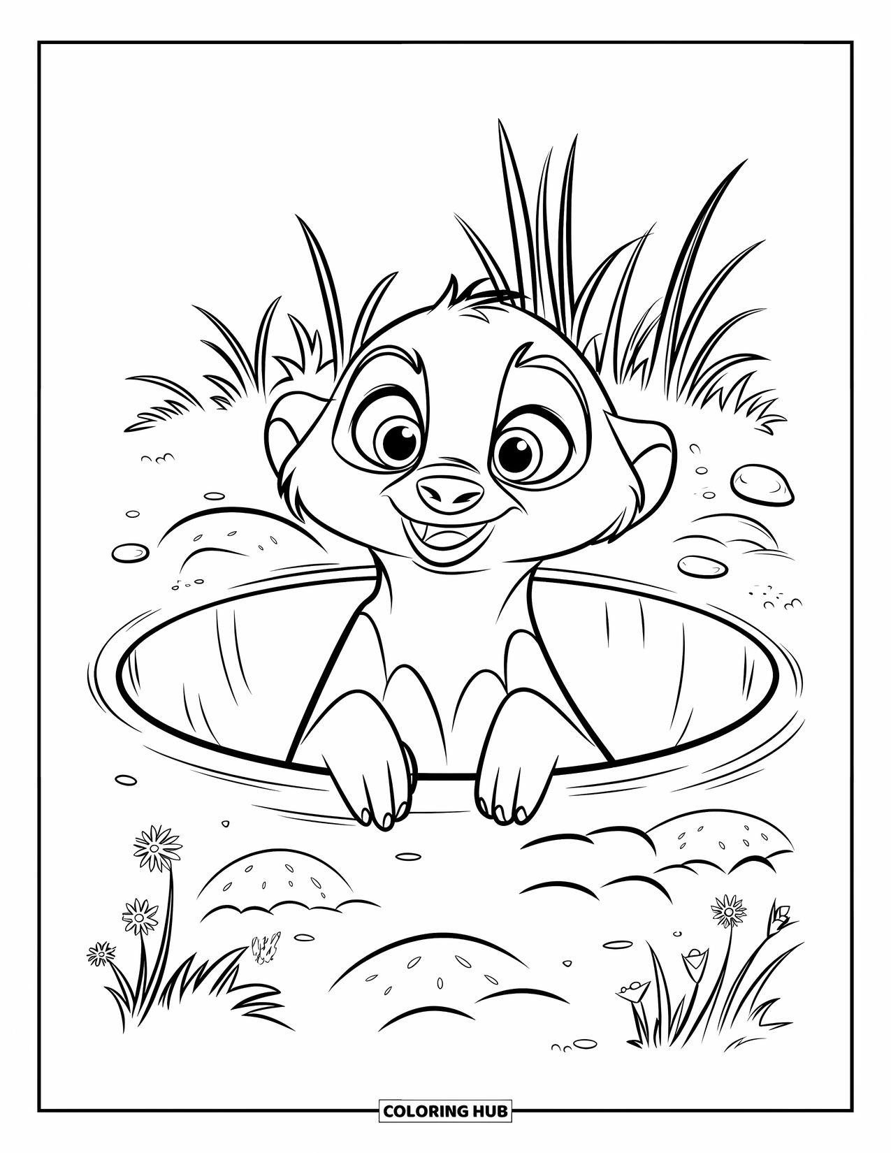 African Animals Coloring Page for Kids: A curious meerkat peeks from its burrow surrounded by wildflowers and soft dirt