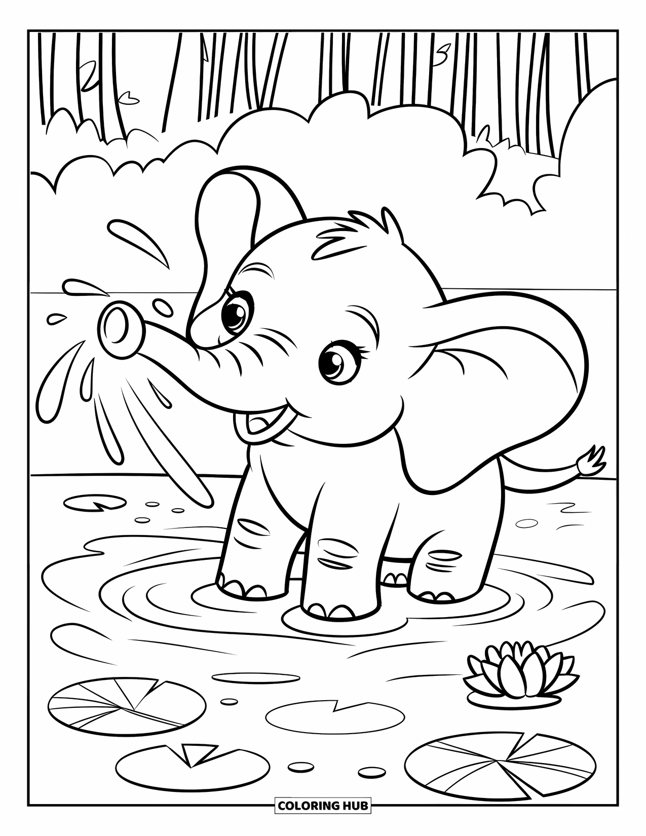 African Animals Coloring Page for Kids: A cute elephant sprays water while standing in a pond with lily pads