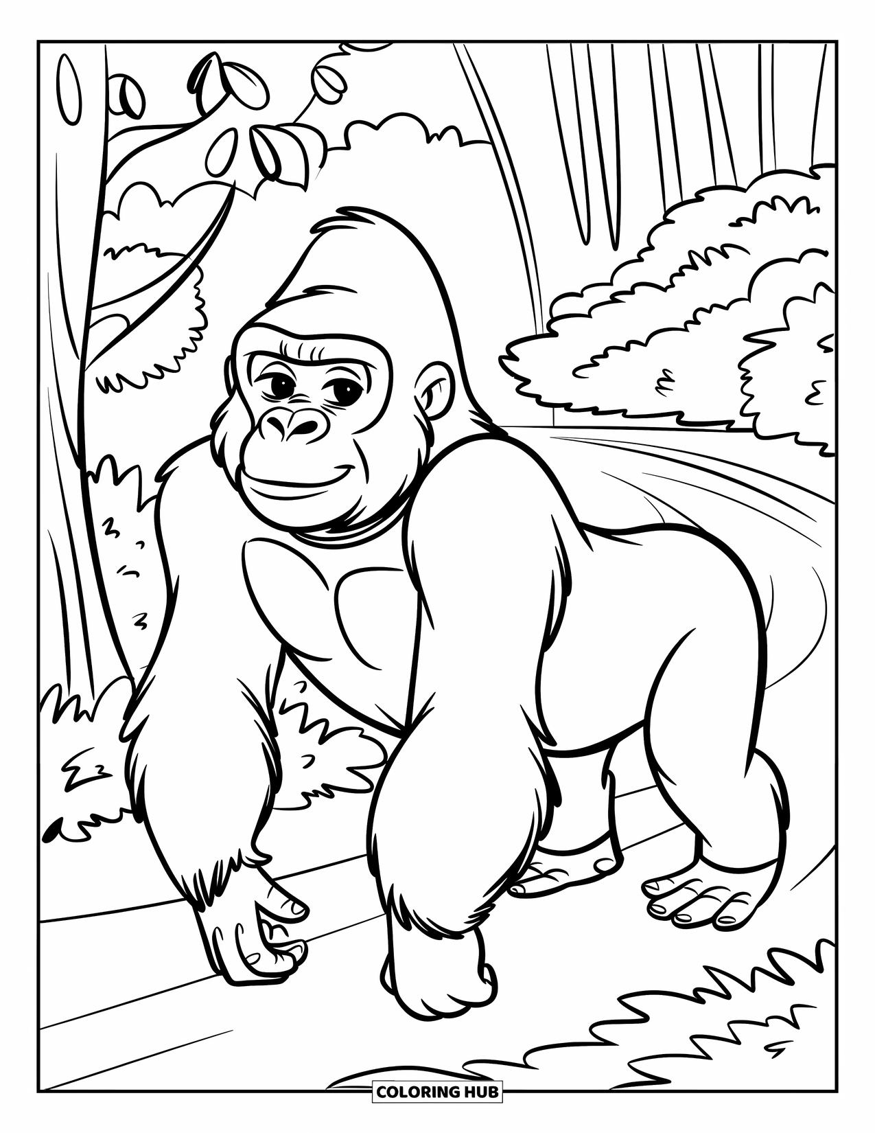 African Animals Coloring Page for Kids: A gentle gorilla walks on all fours beneath leafy trees in the woods