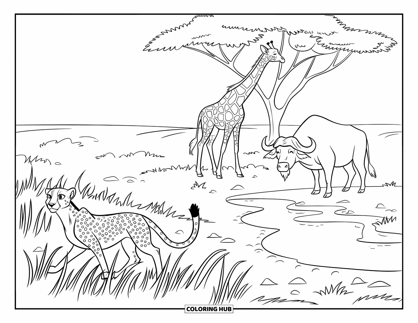 African Animals Coloring Page for Kids: A giraffe snacks on leaves while a cheetah and buffalo watch nearby