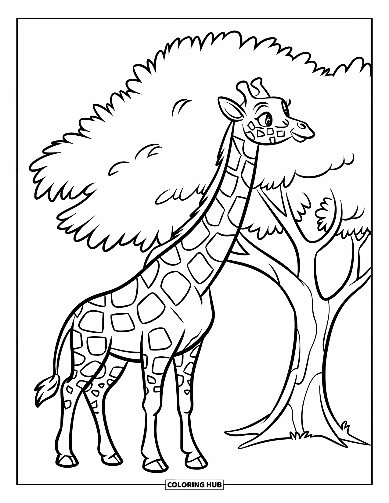 African Animals Coloring Page for Kids: A giraffe stretches its neck toward a small tree with simple, rounded branches