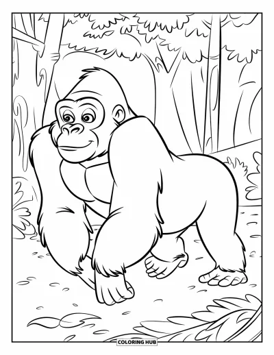 Kleurplaat van afrikaanse dieren voor kinderen: Een gorilla wandelt rustig door een vredig, bladrijk open stuk bos
