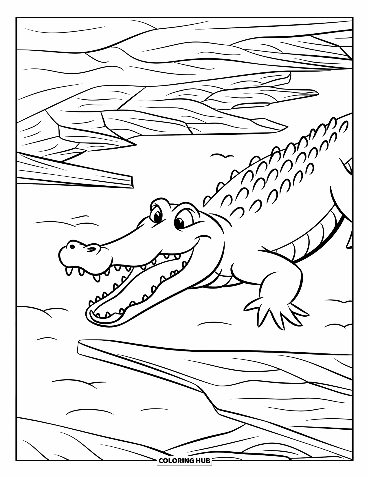 African Animals Coloring Page for Kids: A happy crocodile with open jaws rests beside dry riverbanks and logs