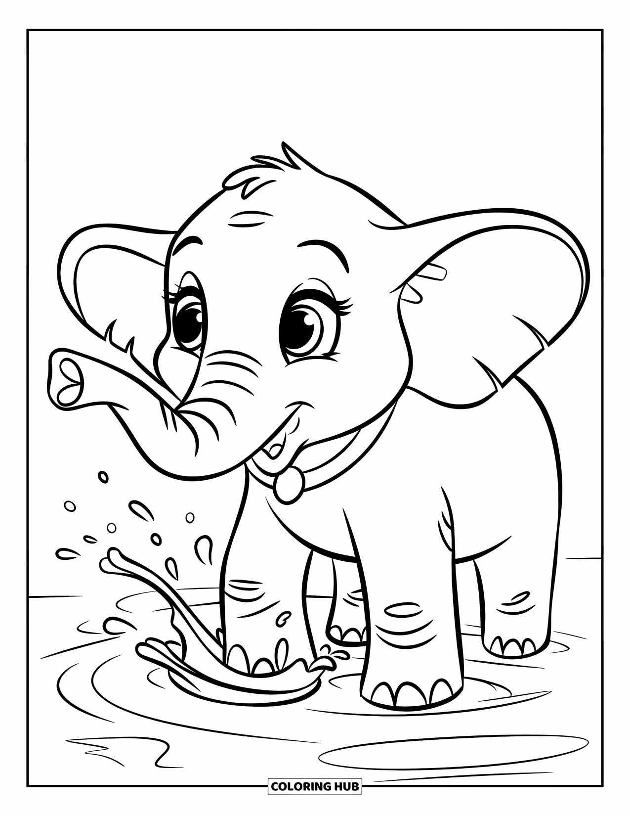 African Animals Coloring Page for Kids: A happy elephant sprays water from its trunk with a gentle splash