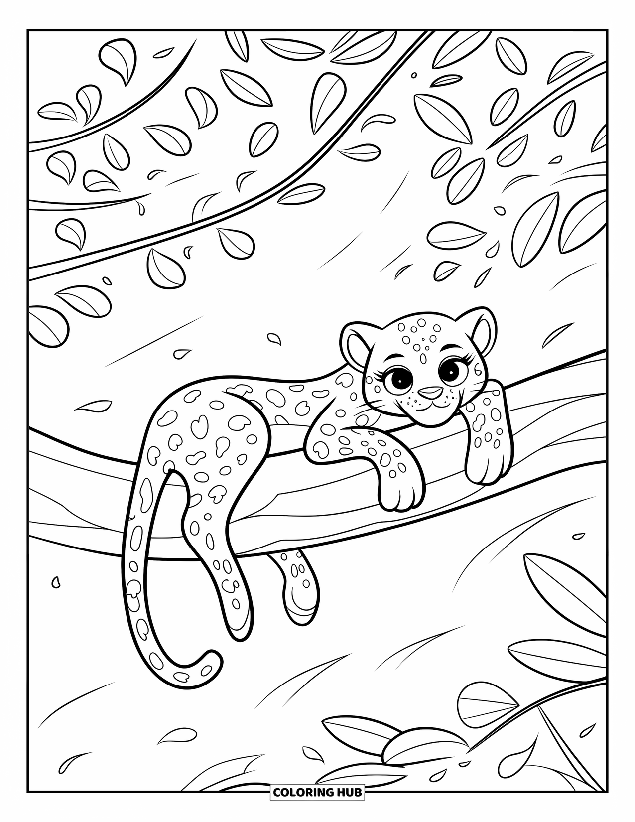 African Animals Coloring Page for Kids: A kawaii leopard naps lazily on a branch, its tail curled and legs dangling