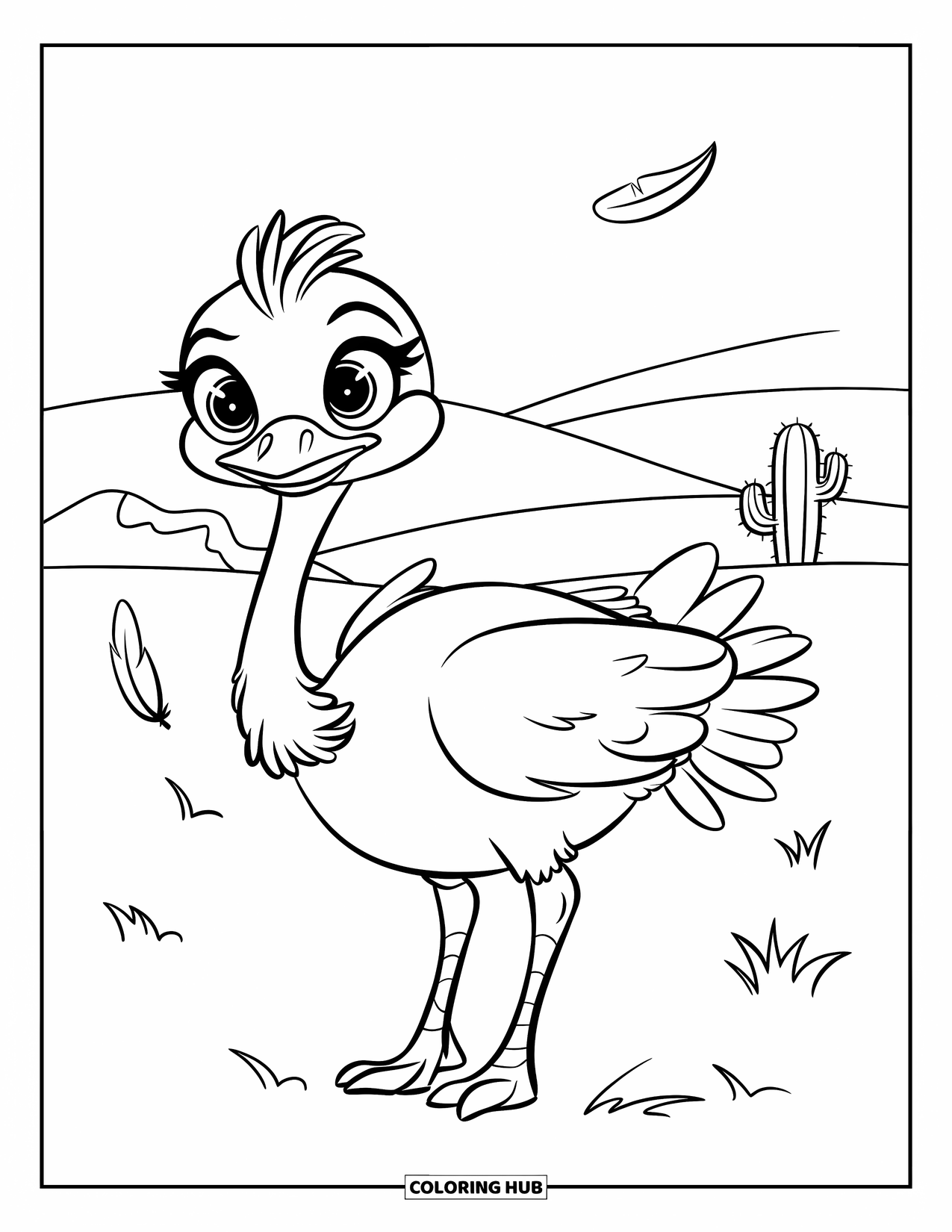 African Animals Coloring Page for Kids: A kawaii ostrich stands proudly as feathers float gently in the open savannah