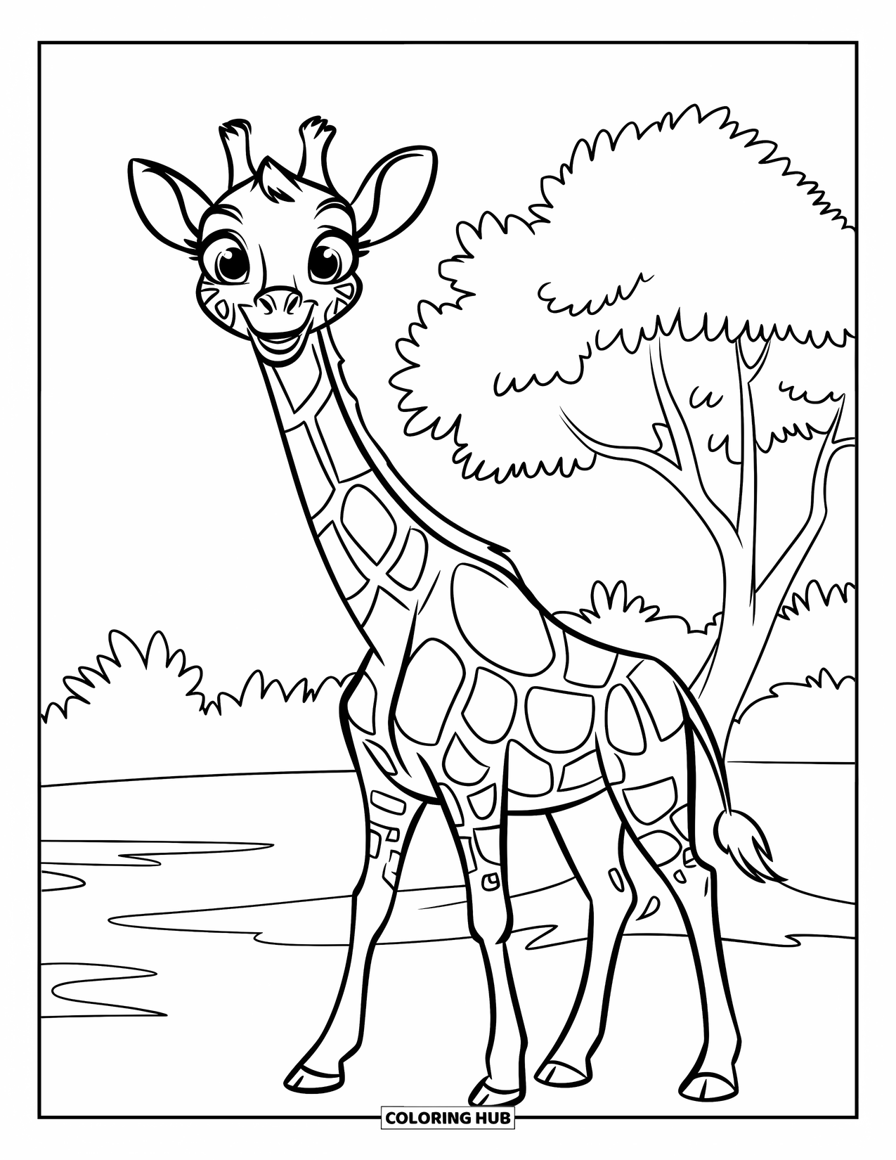 African Animals Coloring Page for Kids: A playful giraffe smiles while standing near a short tree with round leaves