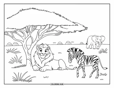 Kleurplaat van afrikaanse dieren voor kinderen: Een rustige leeuw, een zebra vlakbij en een olifant wandelen door een grazige savanne