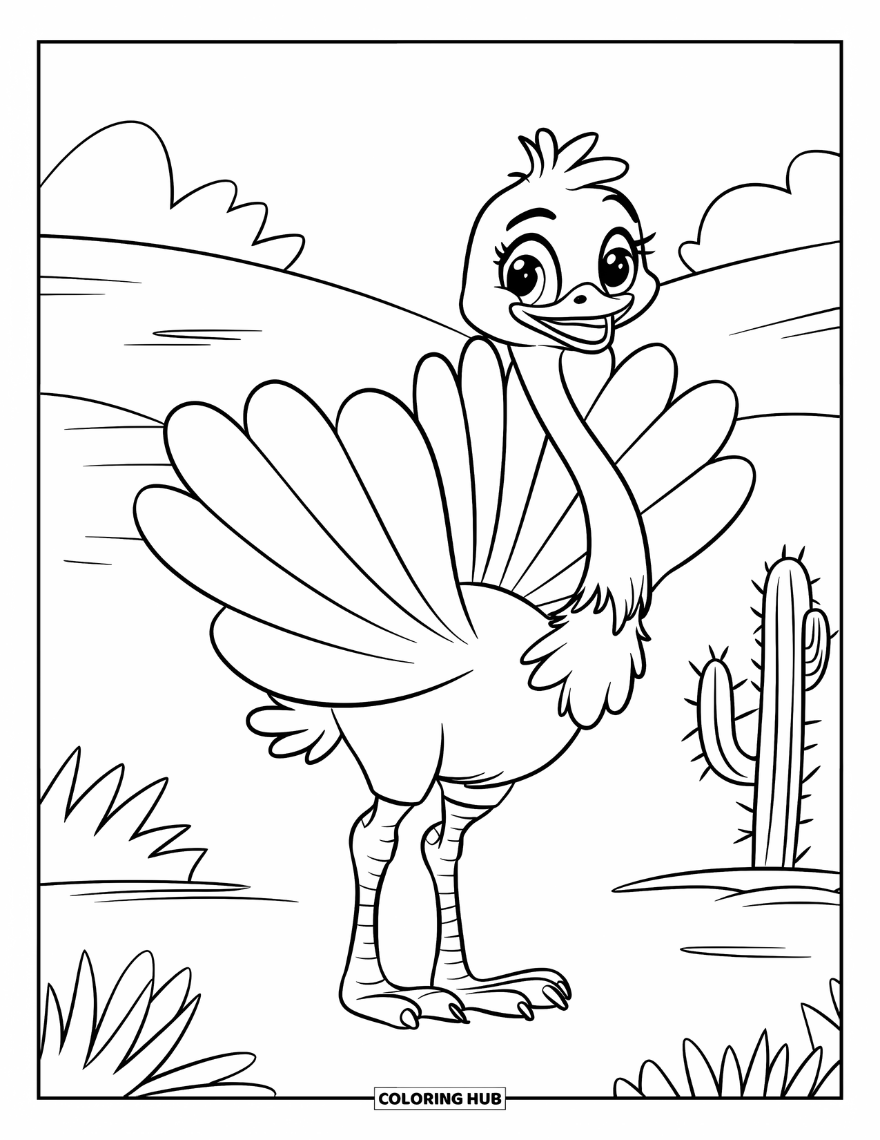 African Animals Coloring Page for Kids: A round-winged ostrich stands in the savannah with hills and cactus in the distance