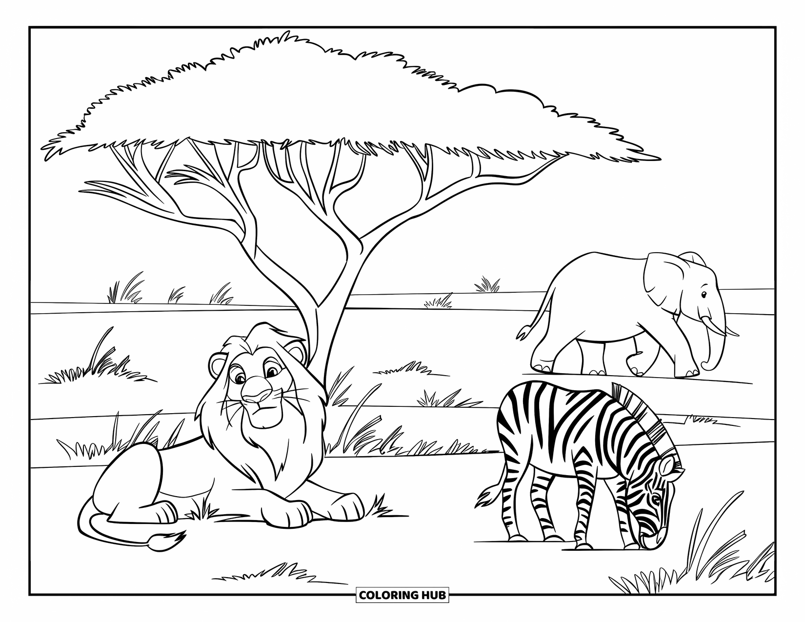 African Animals Coloring Page for Kids: A sleepy lion, peaceful zebra, and walking elephant enjoy the open savannah