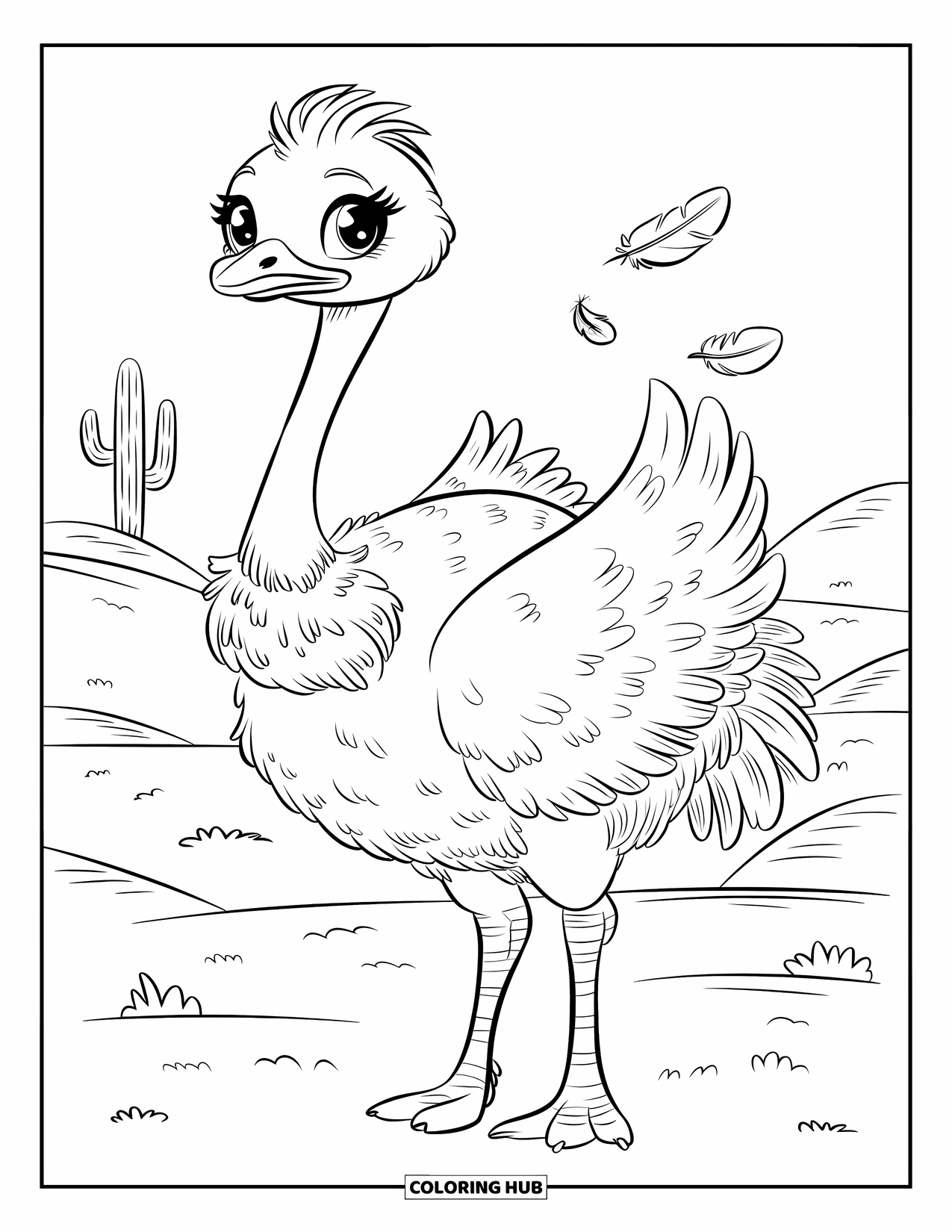 African Animals Coloring Page for Kids: A soft, fluffy ostrich stretches its neck under the bright savannah sky